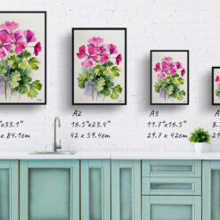 pink geranium Minimalist Watercolour Botanical Art Print - Rose Framed Plant Wall Art 9 watercolour botanical print flowers pink geranium minimalist print size comparison