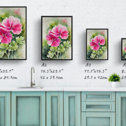 pink geranium Watercolour Botanical Art Print - Rose Framed Plant Wall Art 9 watercolour botanical print flowers pink geranium print size comparison