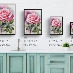 Pink rose Watercolour Botanical Art Print - Rosa Framed Plant Wall Art 9 watercolour botanical print flowers pink rose print size comparison