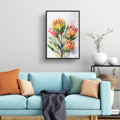 Proteas Watercolour Botanical Art Print - King Protea Sugarbush Framed Plant Wall Art 7 watercolour botanical print flowers proteas living room