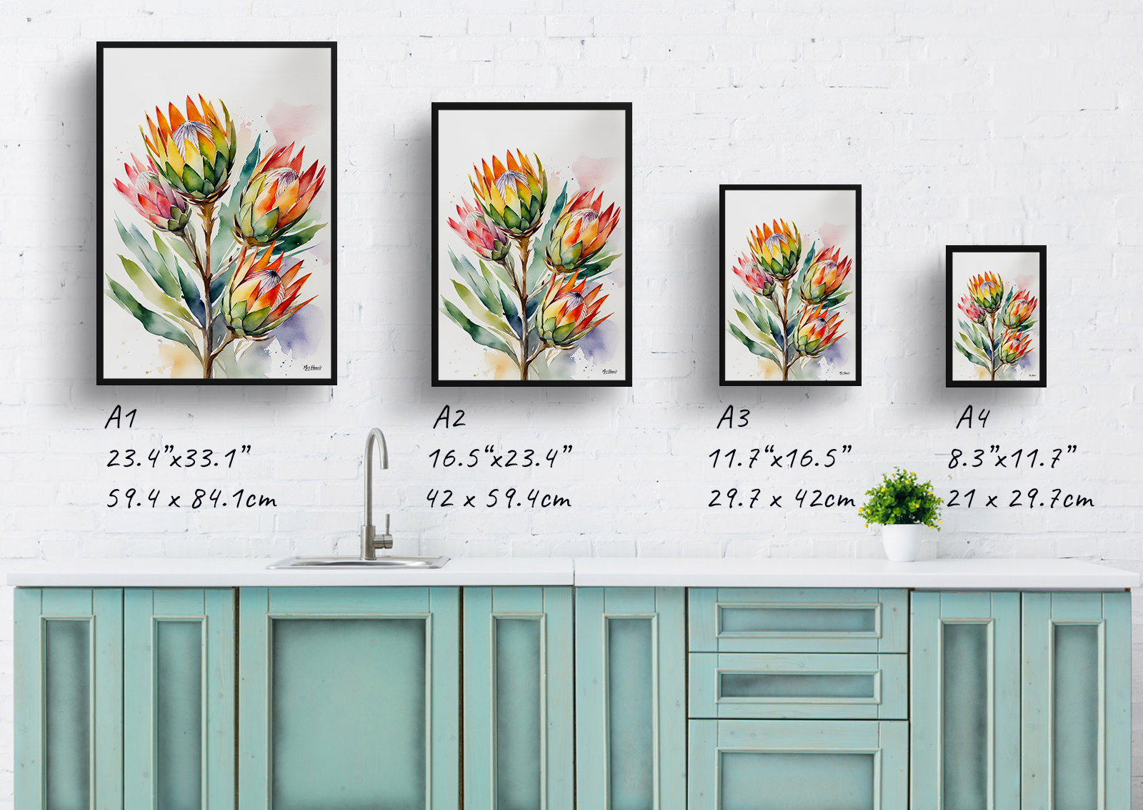 Proteas Watercolour Botanical Art Print - King Protea Sugarbush Framed Plant Wall Art 6 Proteas Watercolour Botanical Art Print - King Protea Sugarbush Framed Plant Wall Art - Image 4