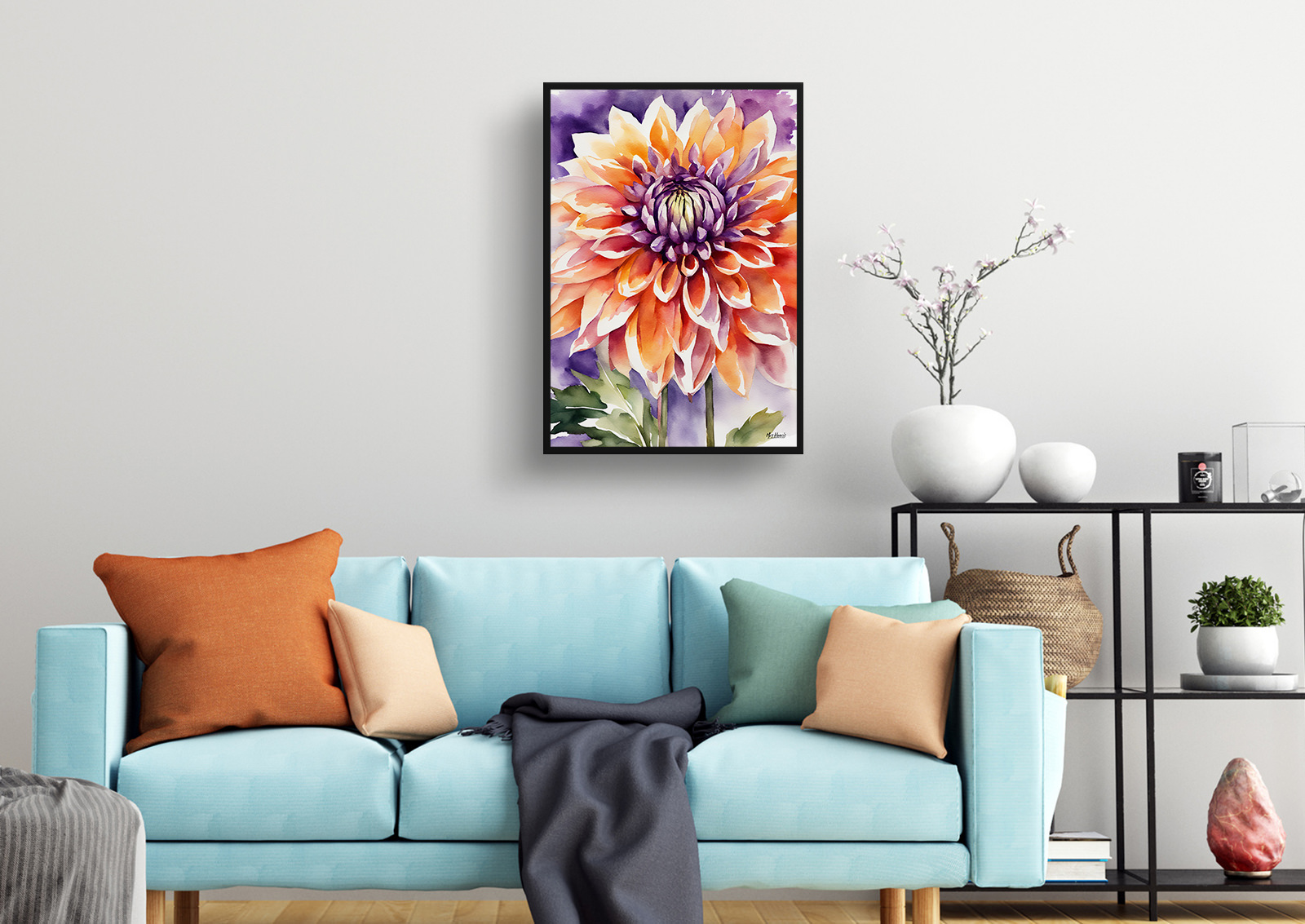 Purple and orange dahlia Watercolour Botanical Art Print - Asteraceae Framed Plant Wall Art 4 Purple and orange dahlia Watercolour Botanical Art Print - Asteraceae Framed Plant Wall Art - Image 2