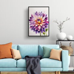 Purple and orange dahlia Minimalist Watercolour Botanical Art Print - Asteraceae Framed Plant Wall Art 7 watercolour botanical print flowers purple and orange dahlia minimalist living room