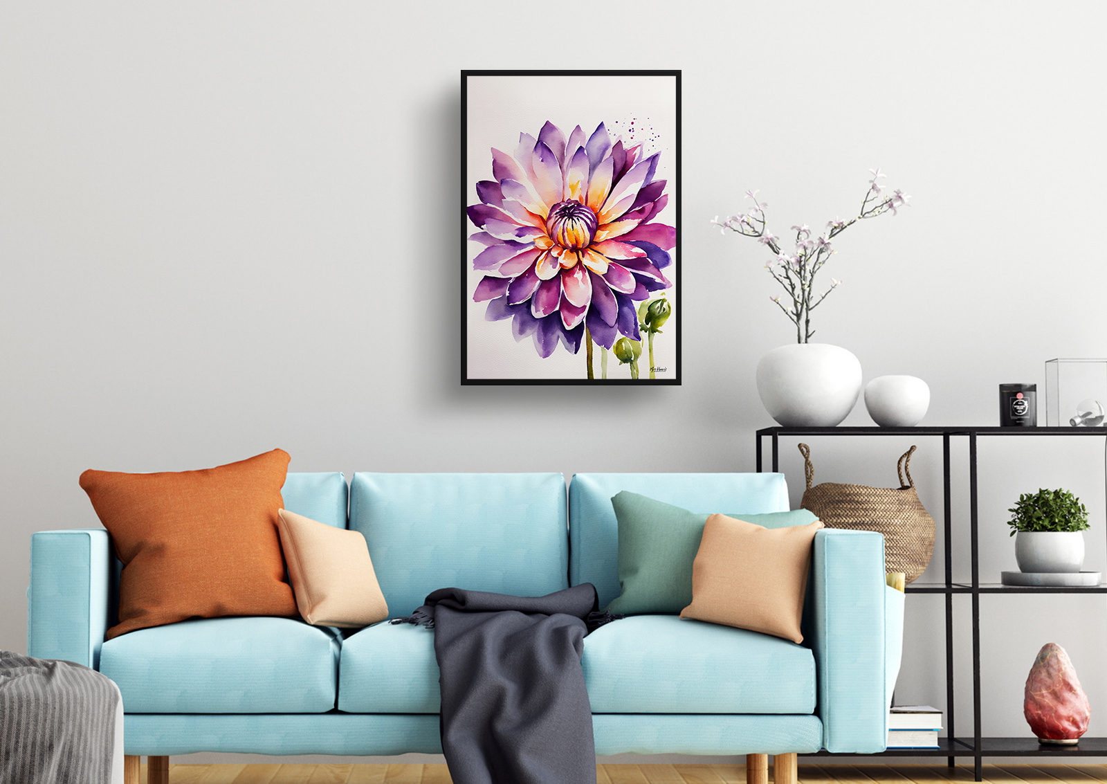 Purple and orange dahlia Minimalist Watercolour Botanical Art Print - Asteraceae Framed Plant Wall Art 4 Purple and orange dahlia Minimalist Watercolour Botanical Art Print - Asteraceae Framed Plant Wall Art - Image 2