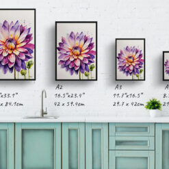 Purple and orange dahlia Minimalist Watercolour Botanical Art Print - Asteraceae Framed Plant Wall Art 9 watercolour botanical print flowers purple and orange dahlia minimalist print size comparison
