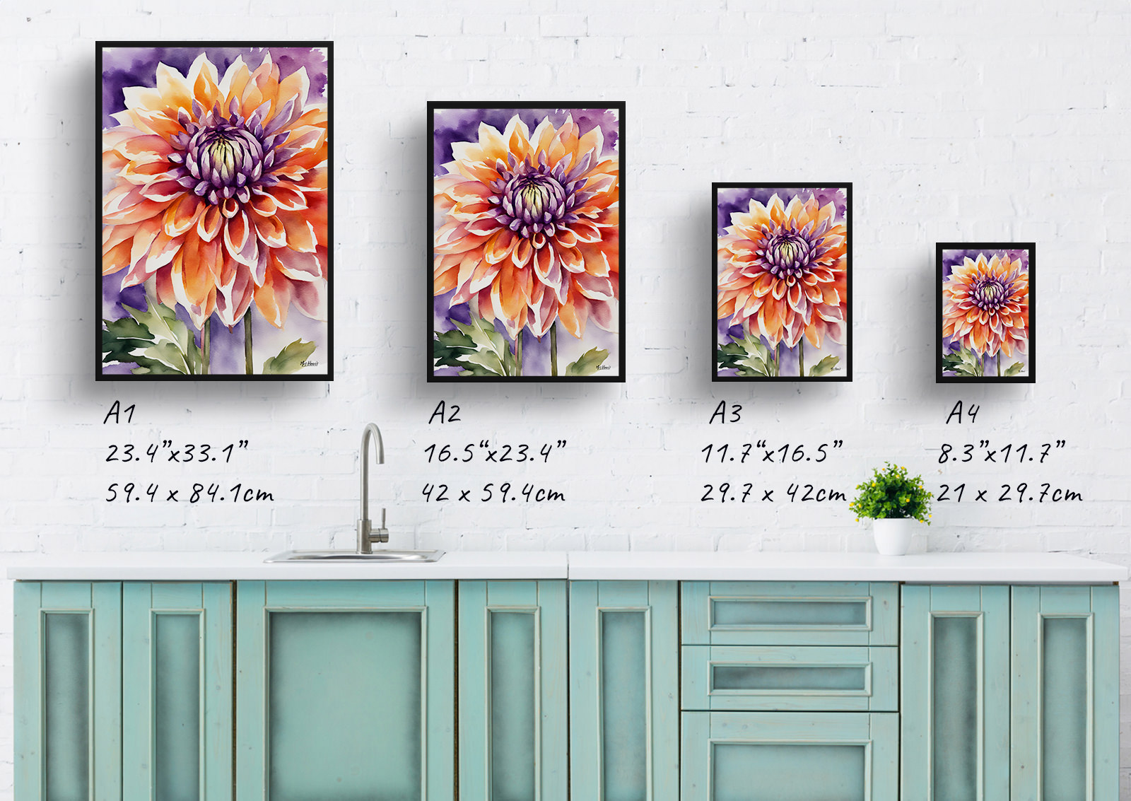 Purple and orange dahlia Watercolour Botanical Art Print - Asteraceae Framed Plant Wall Art 6 Purple and orange dahlia Watercolour Botanical Art Print - Asteraceae Framed Plant Wall Art - Image 4