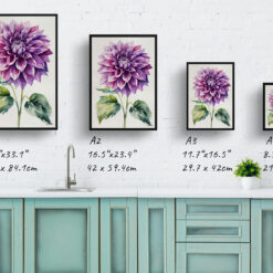 Purple dahlia Minimalist Watercolour Botanical Art Print - Asteraceae Framed Plant Wall Art 9 watercolour botanical print flowers purple dahlia minimalist print size comparison
