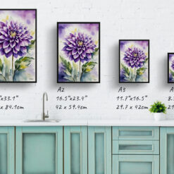 watercolour botanical print flowers purple dahlia print size comparison