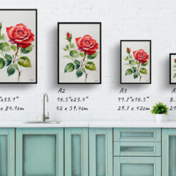 watercolour botanical print flowers red rose minimalist print size comparison