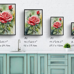 Red rose Watercolour Botanical Art Print - Garden Framed Plant Wall Art 9 watercolour botanical print flowers red rose print size comparison
