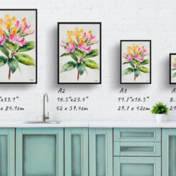 watercolour botanical print flowers rhododendron minimalist print size comparison
