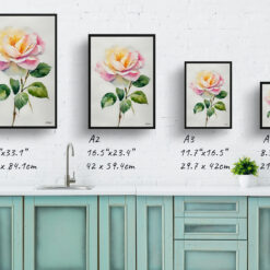 Rosa Madame Alfred Carriére Minimalist Watercolour Botanical Art Print - Rose Framed Plant Wall Art 9 watercolour botanical print flowers rosa madame alfred carriere minimalist print size comparison