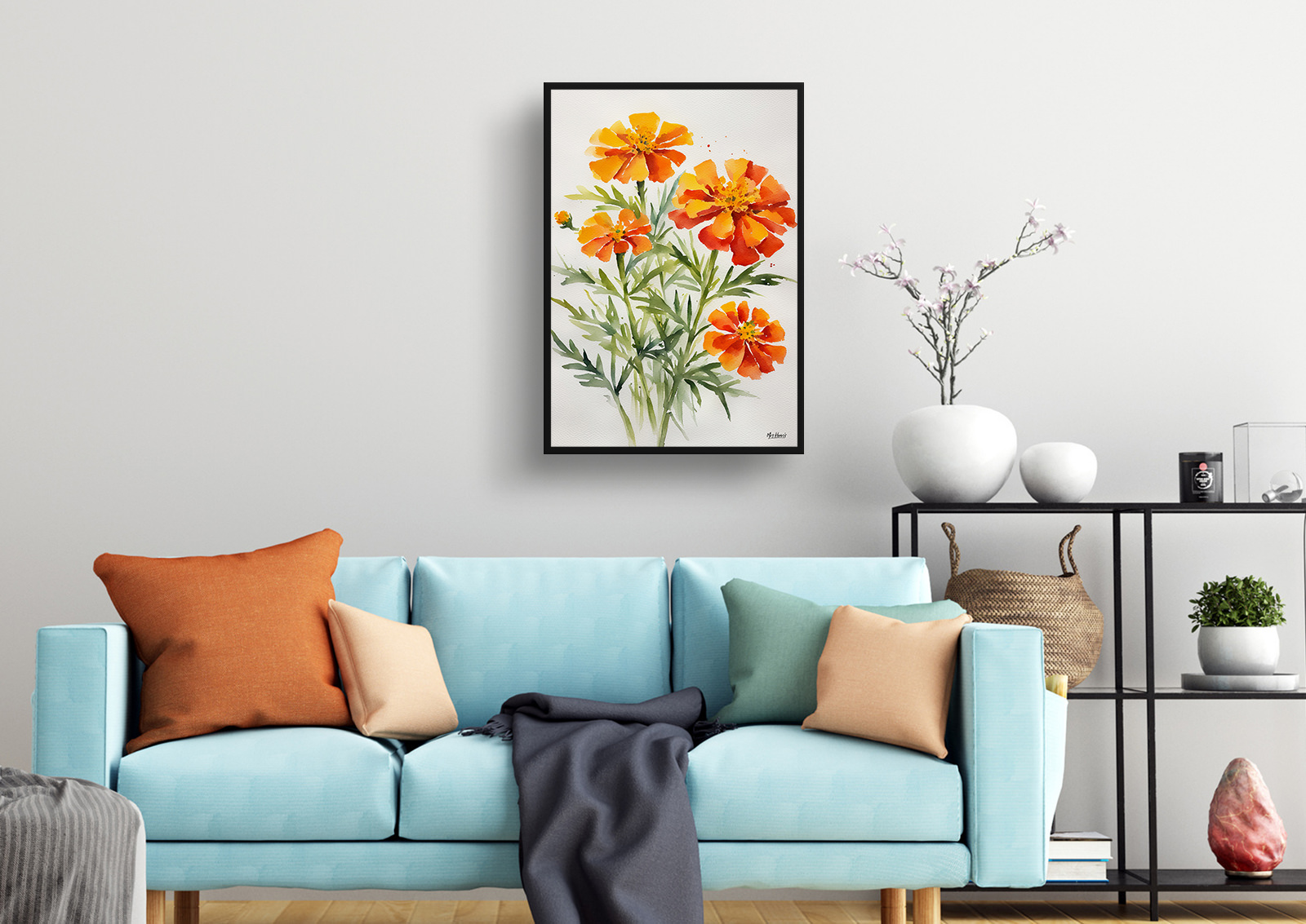 Tagetes Cinnabar Minimalist Watercolour Botanical Art Print - African Marigold Framed Plant Wall Art 4 Tagetes Cinnabar Minimalist Watercolour Botanical Art Print - African Marigold Framed Plant Wall Art - Image 2