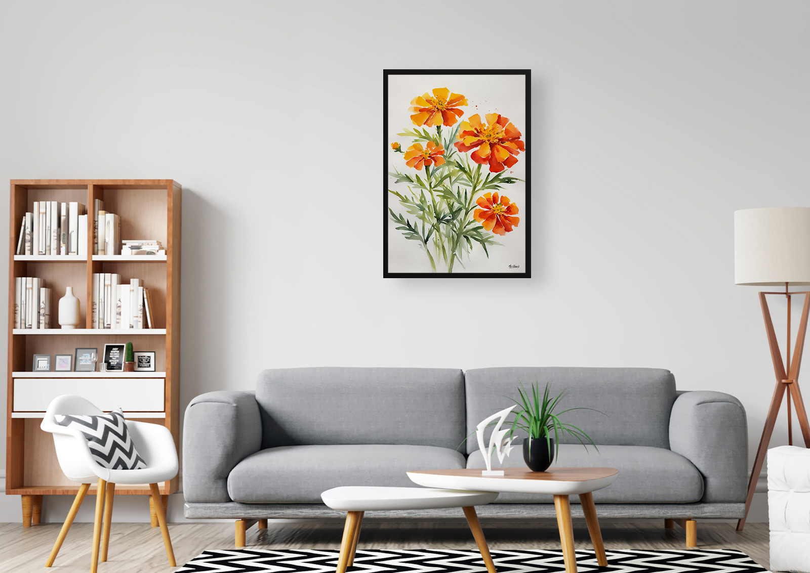 Tagetes Cinnabar Minimalist Watercolour Botanical Art Print - African Marigold Framed Plant Wall Art 5 Tagetes Cinnabar Minimalist Watercolour Botanical Art Print - African Marigold Framed Plant Wall Art - Image 3