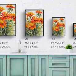 Tagetes Cinnabar Watercolour Botanical Art Print - African Marigold Framed Plant Wall Art 9 watercolour botanical print flowers tagetes cinnabar print size comparison