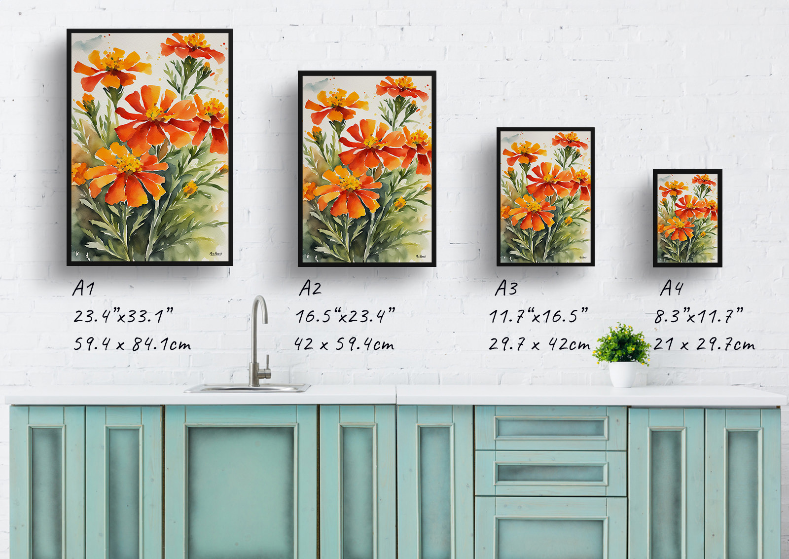 Tagetes Cinnabar Watercolour Botanical Art Print - African Marigold Framed Plant Wall Art 6 Tagetes Cinnabar Watercolour Botanical Art Print - African Marigold Framed Plant Wall Art - Image 4