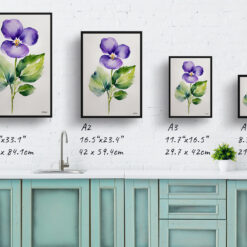 Violet Minimalist Watercolour Botanical Art Print - Wood Framed Plant Wall Art 9 watercolour botanical print flowers violet minimalist print size comparison