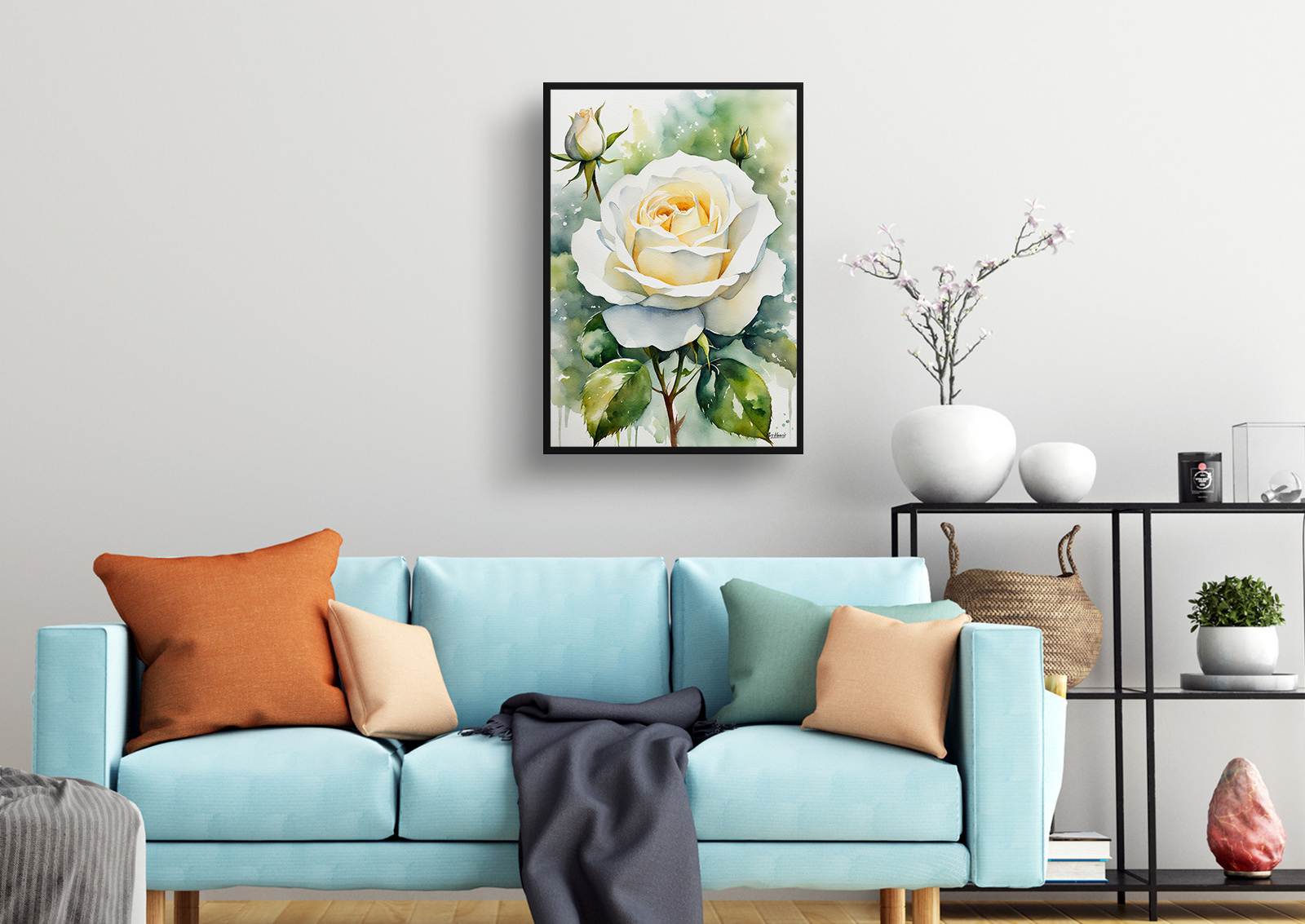 White rose Watercolour Botanical Art Print - Alba Framed Plant