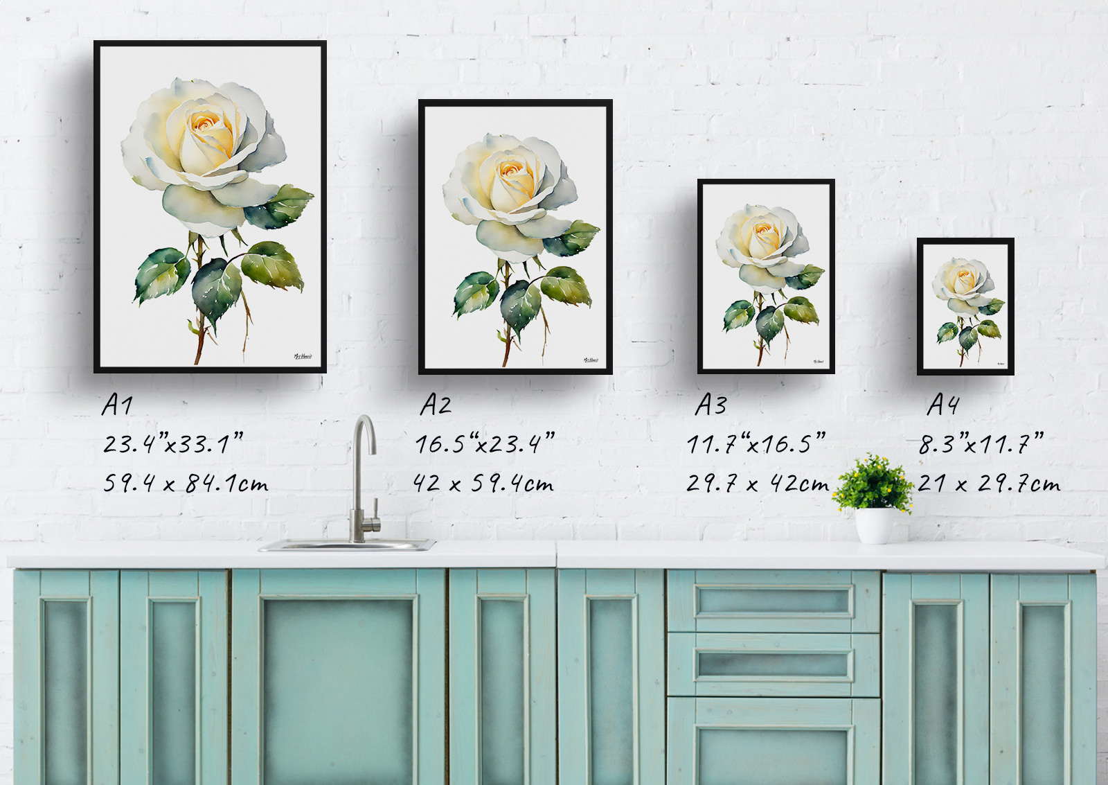 White rose Minimalist Watercolour Botanical Art Print - Alba Framed Plant Wall Art 6 White rose Minimalist Watercolour Botanical Art Print - Alba Framed Plant Wall Art - Image 4