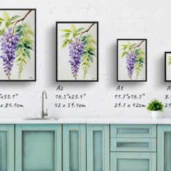 Wisteria x Valderi Minimalist Watercolour Botanical Art Print - Burford Framed Plant Wall Art 9 watercolour botanical print flowers wisteria x valderi minimalist print size comparison