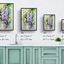 Wisteria x Valderi Watercolour Botanical Art Print - Burford Framed Plant Wall Art 8 watercolour botanical print flowers wisteria x valderi print size comparison